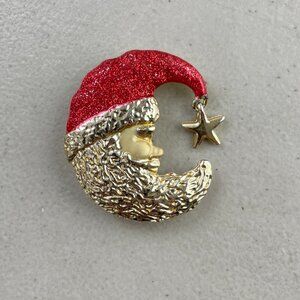 Vintage Santa Moon Pin Man the Moon Santa Claus Red Silver Larger Size Holiday